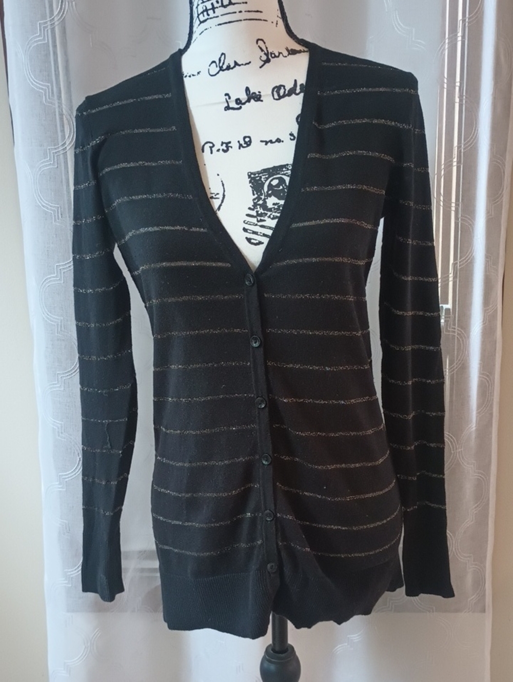 LOFT Black Cardigan with Subtle Metallic Stripe Detail